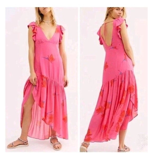 Free People Tropical Hawaiian Hibiscus Hot Pink Floral Maxi  Drtess Sz 4 # 1513 - Picture 9 of 13